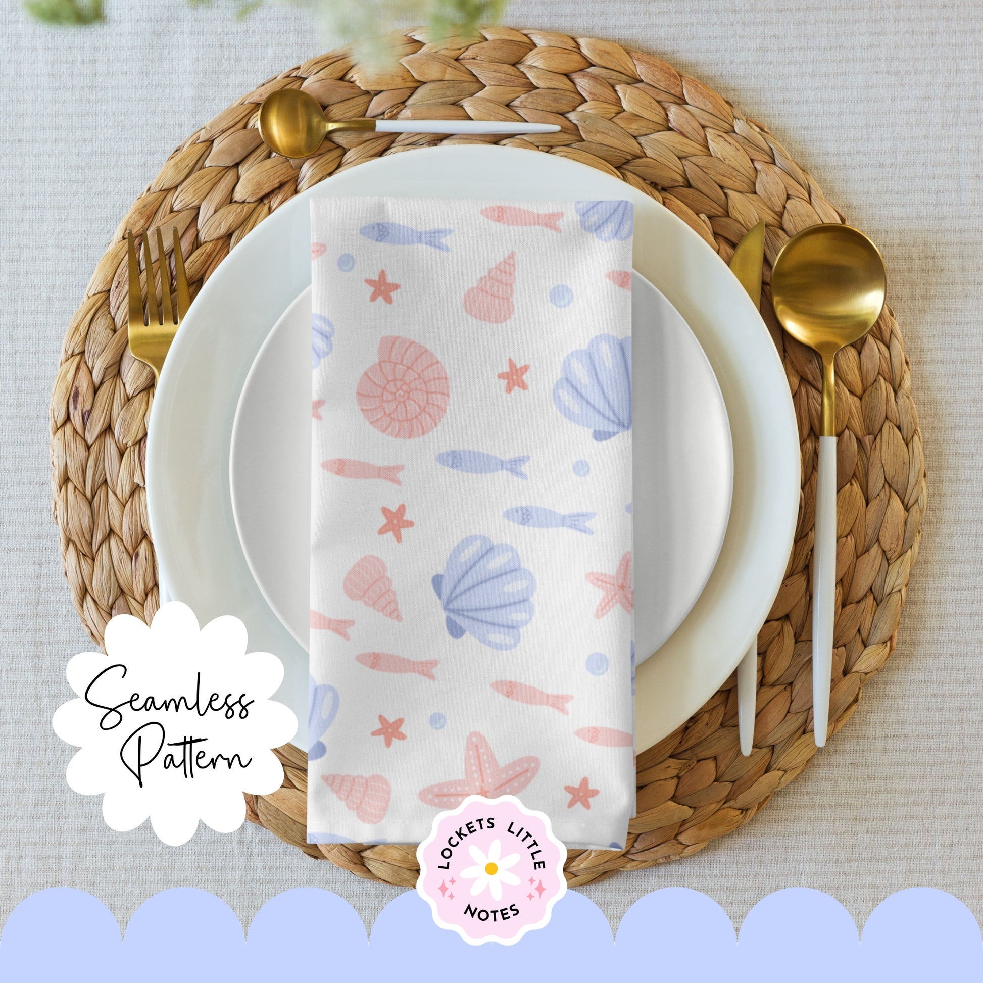 Seamless beach pattern featuring a soft summer blue background with a scatter of peachy pink clam shells, starfish, and swimming fish.
