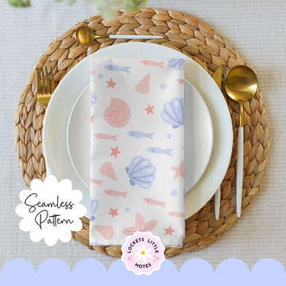Seamless beach pattern featuring a soft summer blue background with a scatter of peachy pink clam shells, starfish, and swimming fish.
