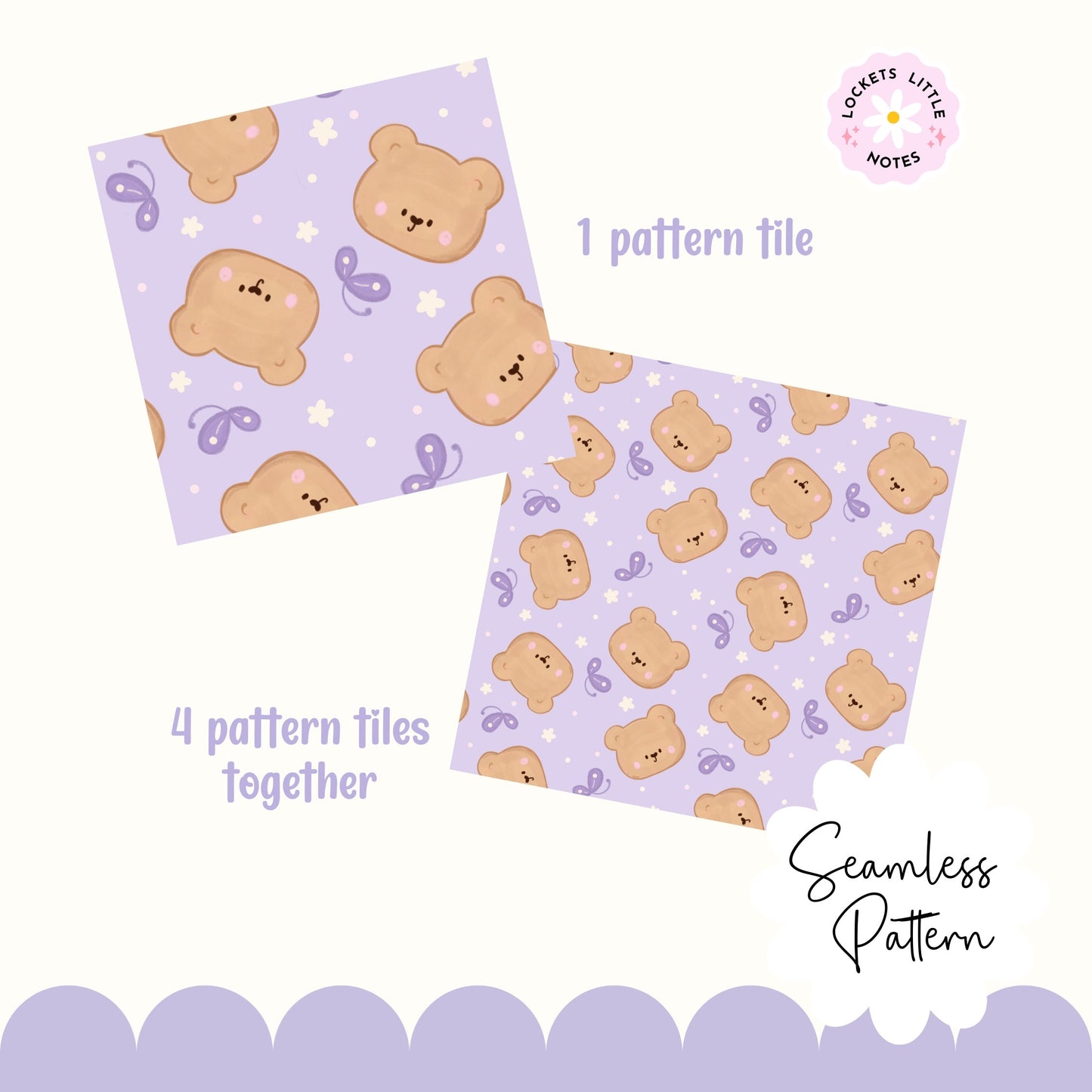 Seamless scatter pattern featuring cute hand-drawn bears and fluttering butterflies on a pretty lilac purple background.