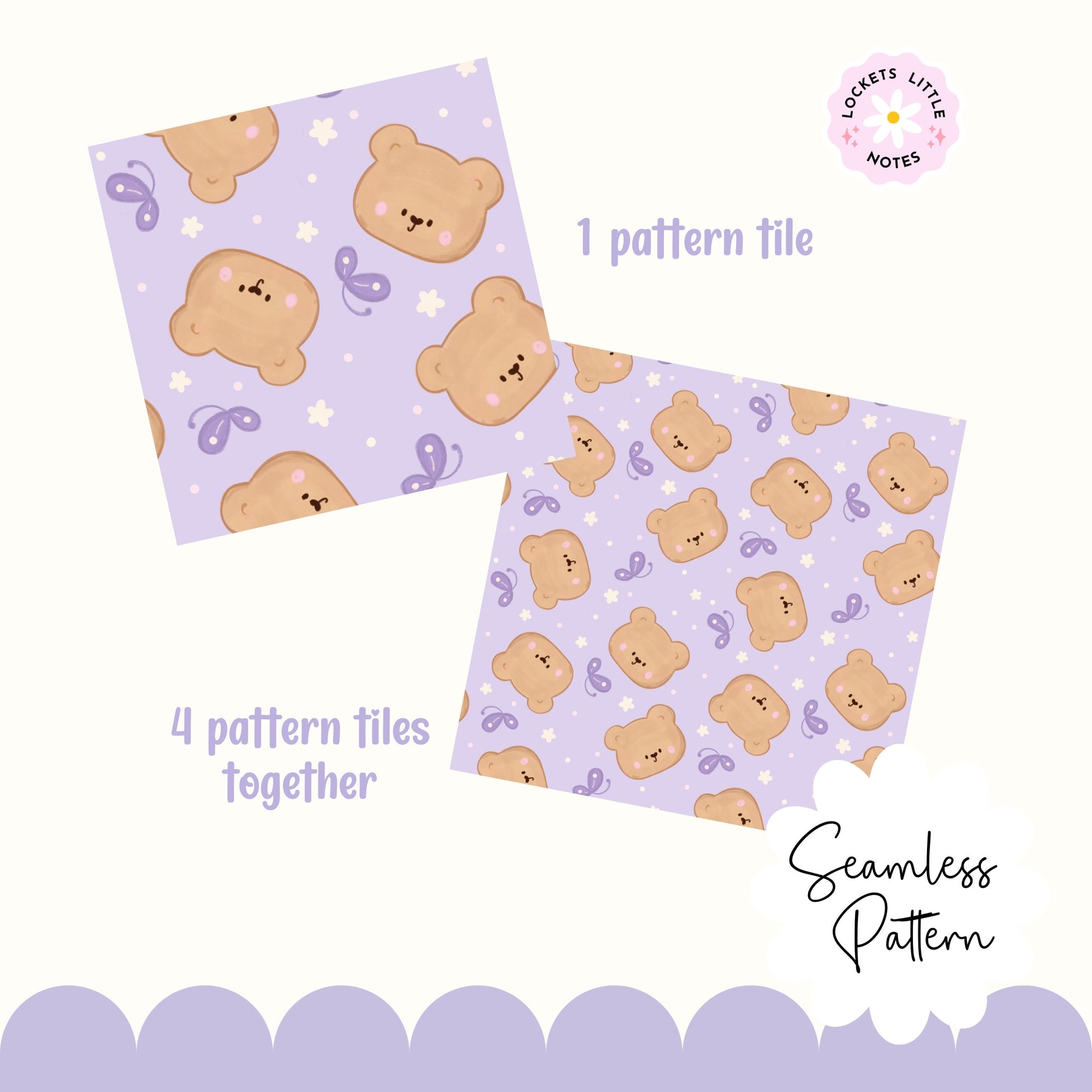 Seamless scatter pattern featuring cute hand-drawn bears and fluttering butterflies on a pretty lilac purple background.