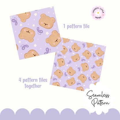 Seamless scatter pattern featuring cute hand-drawn bears and fluttering butterflies on a pretty lilac purple background.
