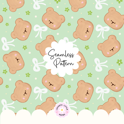 Seamless pattern featuring handdrawn bears and green wildflowers  and white bows on a Pastel green background.
