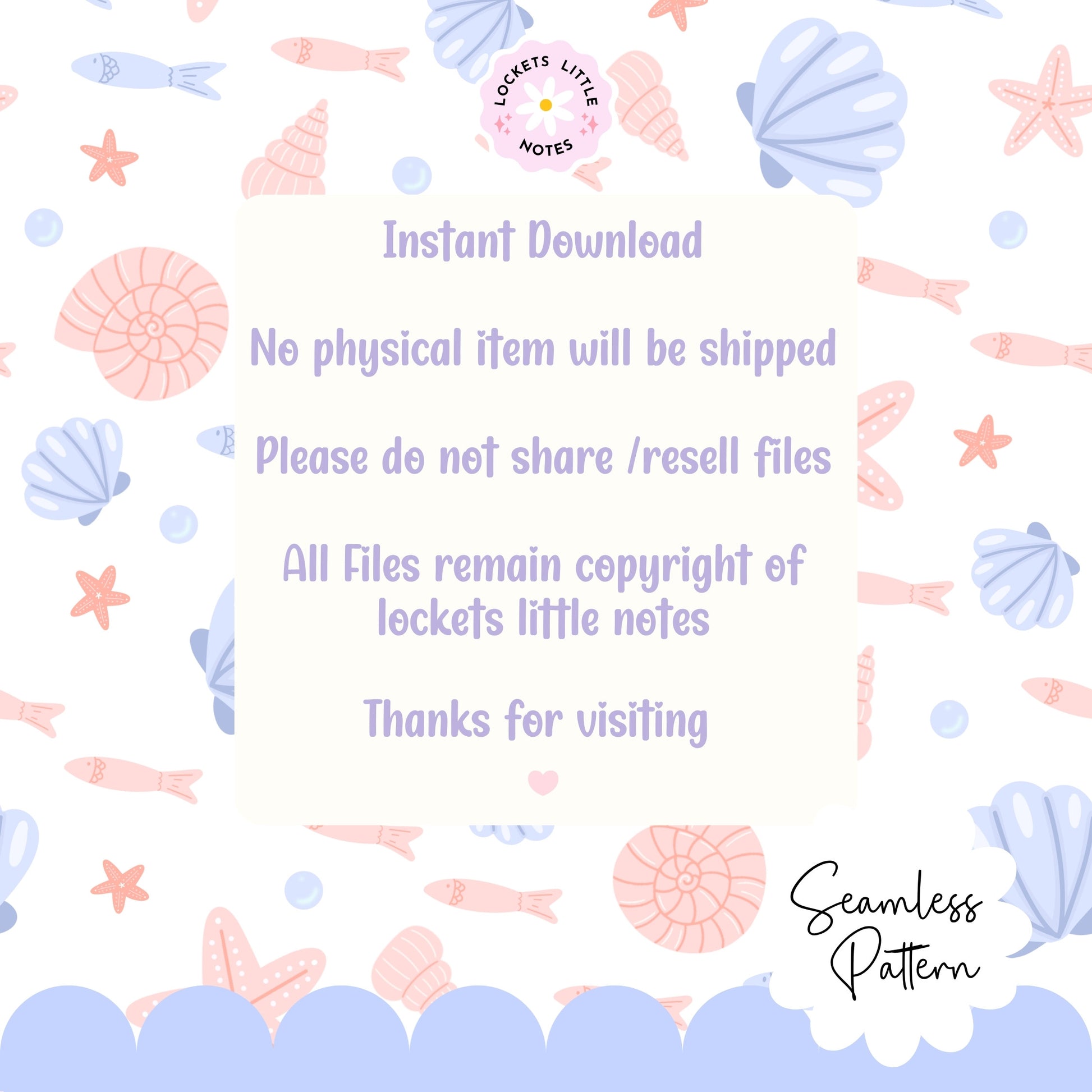 Seamless beach pattern featuring a soft summer blue background with a scatter of peachy pink clam shells, starfish, and swimming fish.
