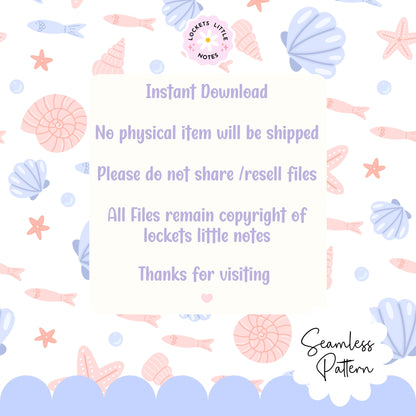 Seamless beach pattern featuring a soft summer blue background with a scatter of peachy pink clam shells, starfish, and swimming fish.
