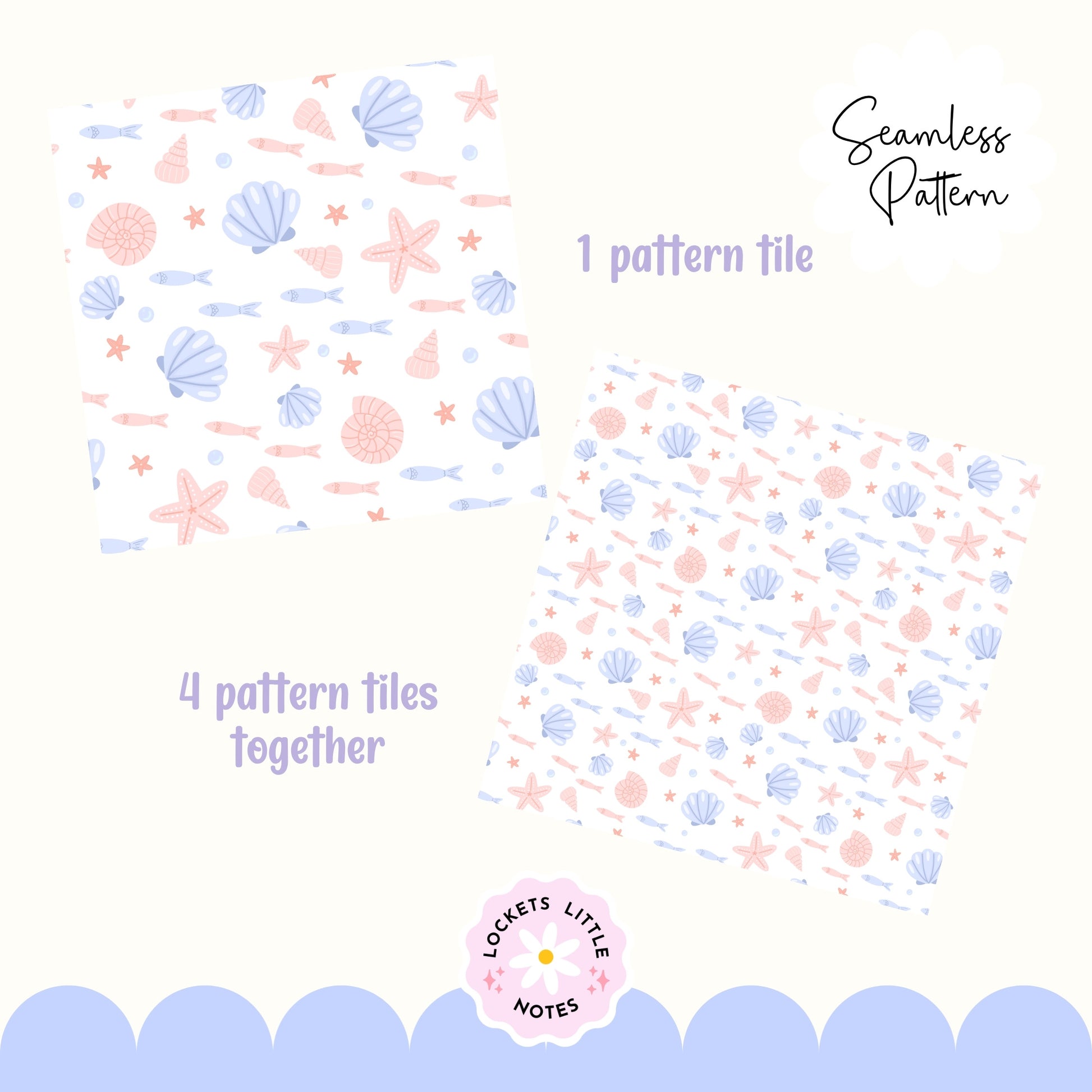 Seamless beach pattern featuring a soft summer blue background with a scatter of peachy pink clam shells, starfish, and swimming fish.
