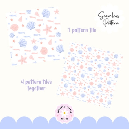 Seamless beach pattern featuring a soft summer blue background with a scatter of peachy pink clam shells, starfish, and swimming fish.

