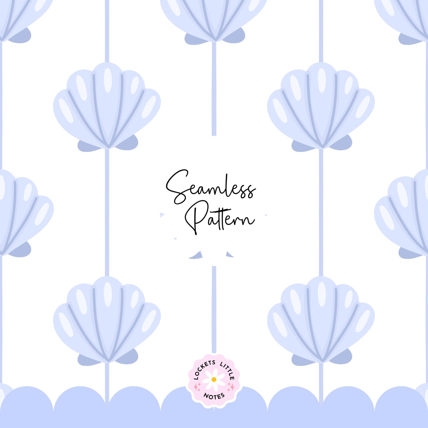Seamless coastal pattern featuring a crisp white background with fine vertical blue pinstripes and a repeating scatter of detailed blue clam shells.