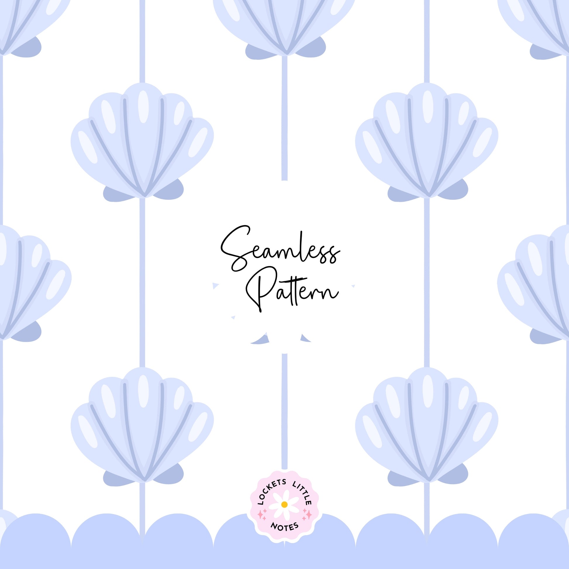 Seamless coastal pattern featuring a crisp white background with fine vertical blue pinstripes and a repeating scatter of detailed blue clam shells.