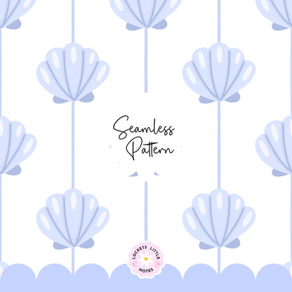 Seamless coastal pattern featuring a crisp white background with fine vertical blue pinstripes and a repeating scatter of detailed blue clam shells.