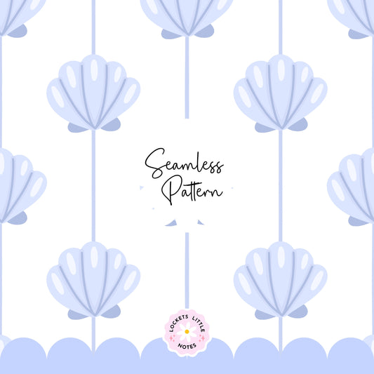 Seamless coastal pattern featuring a crisp white background with fine vertical blue pinstripes and a repeating scatter of detailed blue clam shells.