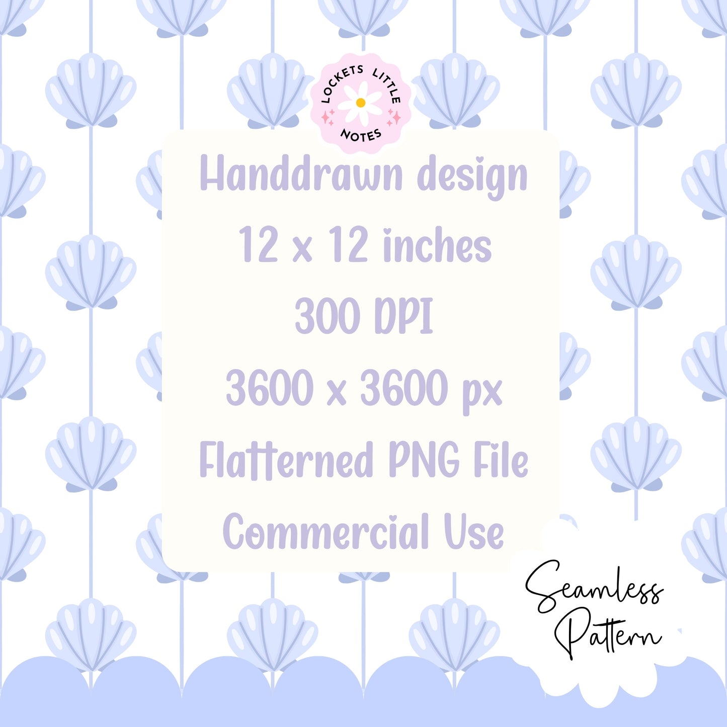 Seamless coastal pattern featuring a crisp white background with fine vertical blue pinstripes and a repeating scatter of detailed blue clam shells.