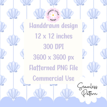 Seamless coastal pattern featuring a crisp white background with fine vertical blue pinstripes and a repeating scatter of detailed blue clam shells.