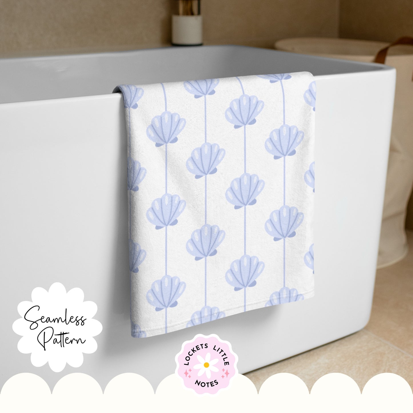 Seamless coastal pattern featuring a crisp white background with fine vertical blue pinstripes and a repeating scatter of detailed blue clam shells. Towel with shell pattern hanging over a bathtub