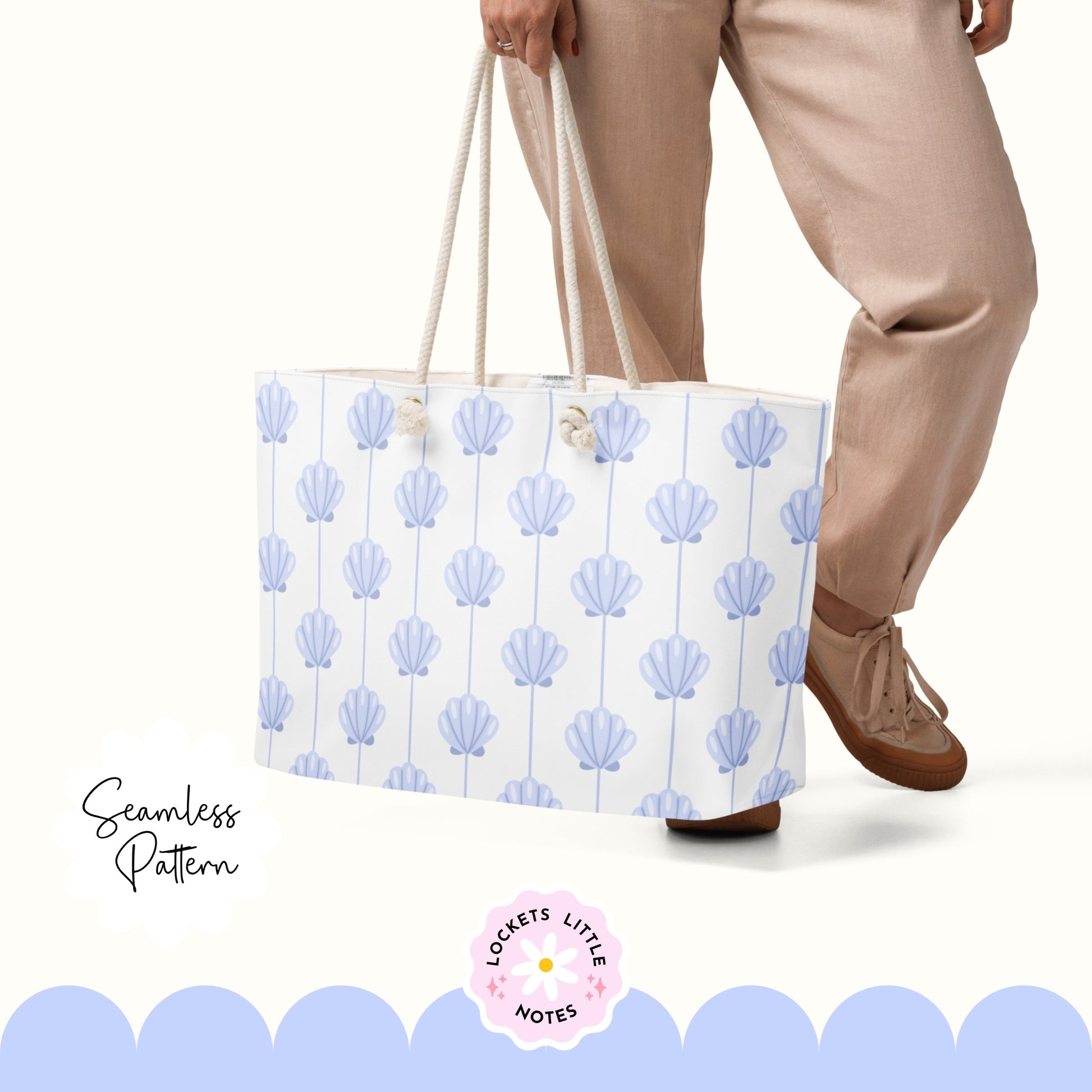 Seamless coastal pattern featuring a crisp white background with fine vertical blue pinstripes and a repeating scatter of detailed blue clam shells. Tote bag with shell pattern held by a person on a white background