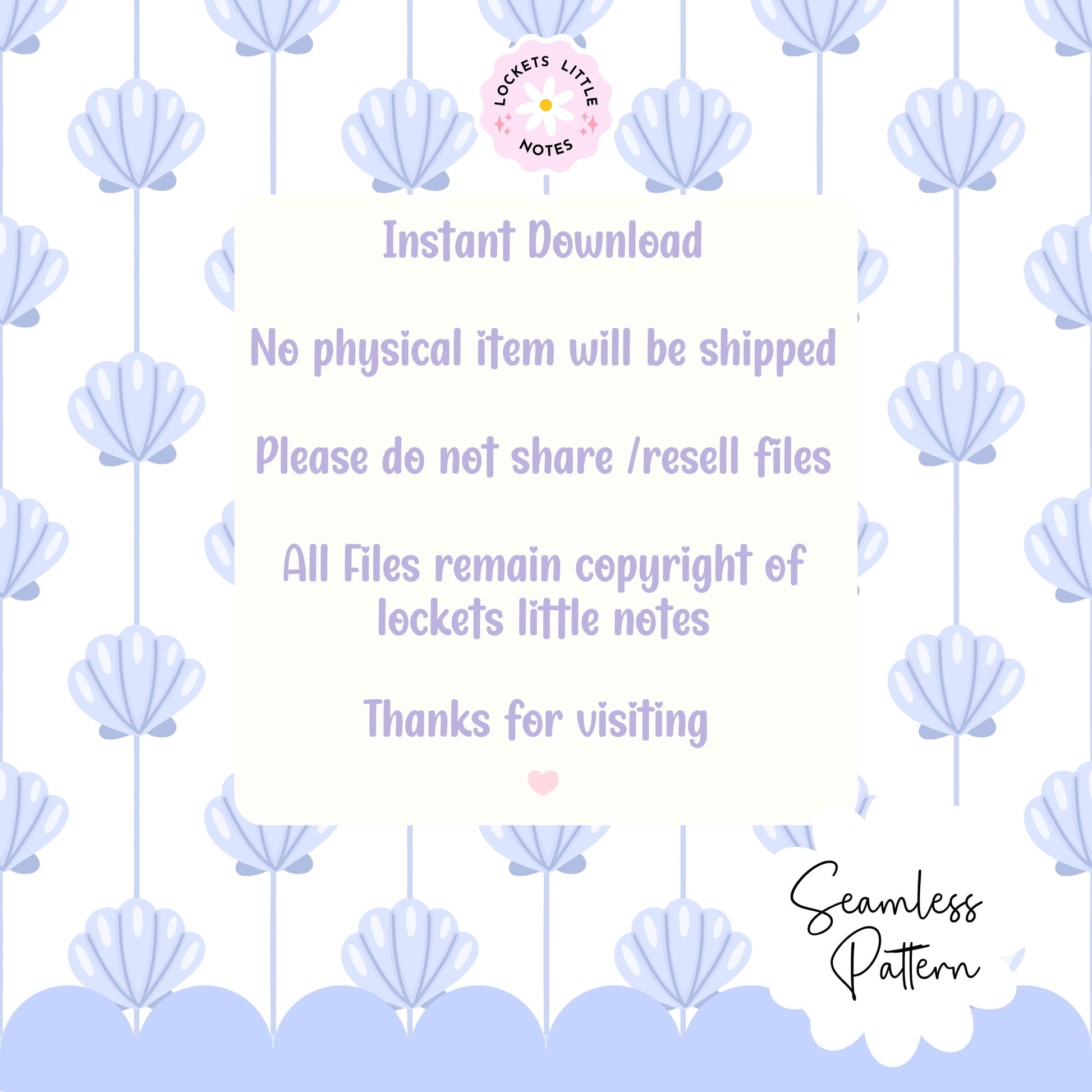 Seamless coastal pattern featuring a crisp white background with fine vertical blue pinstripes and a repeating scatter of detailed blue clam shells.