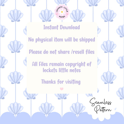 Seamless coastal pattern featuring a crisp white background with fine vertical blue pinstripes and a repeating scatter of detailed blue clam shells.