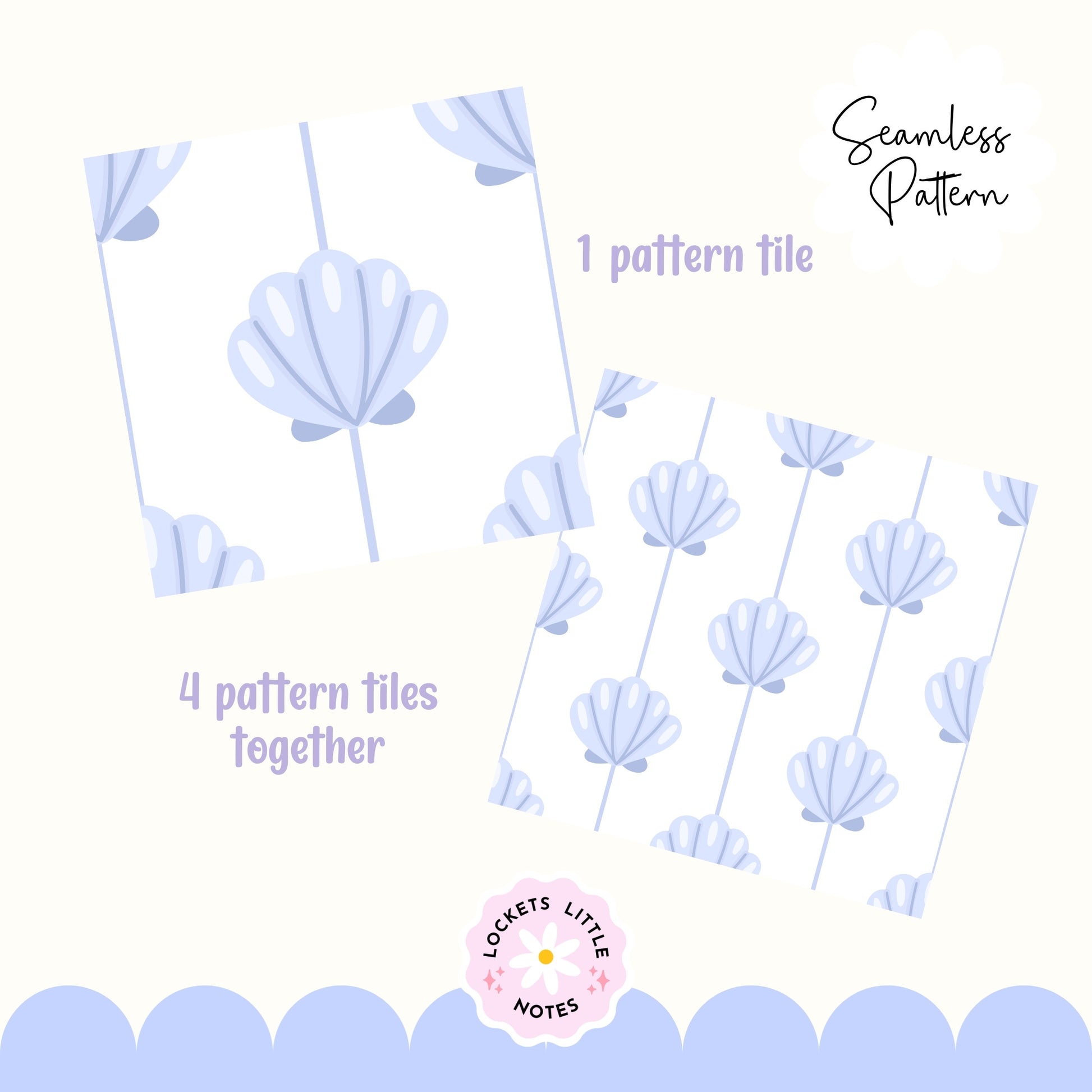 Seamless coastal pattern featuring a crisp white background with fine vertical blue pinstripes and a repeating scatter of detailed blue clam shells.