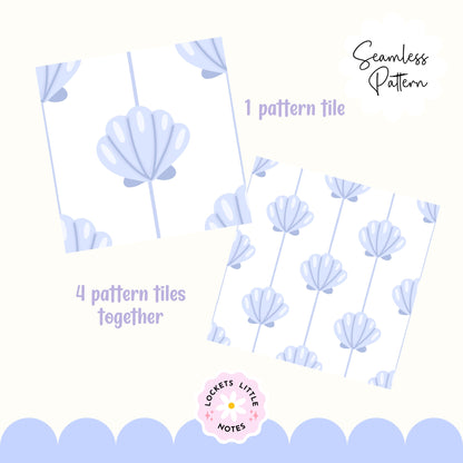 Seamless coastal pattern featuring a crisp white background with fine vertical blue pinstripes and a repeating scatter of detailed blue clam shells.