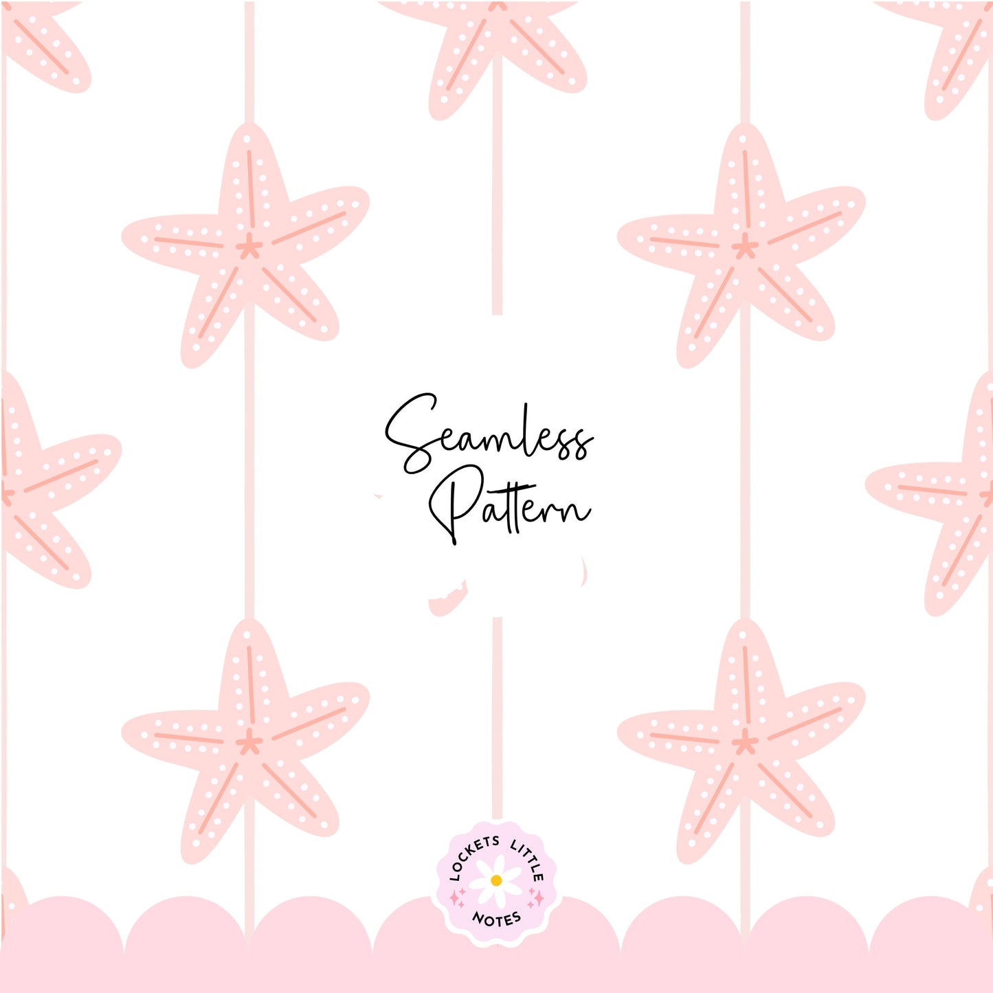 Seamless coastal pattern featuring a crisp white background with a repeating layout of pastel pink starfish and decorative pink scallop shell designs.