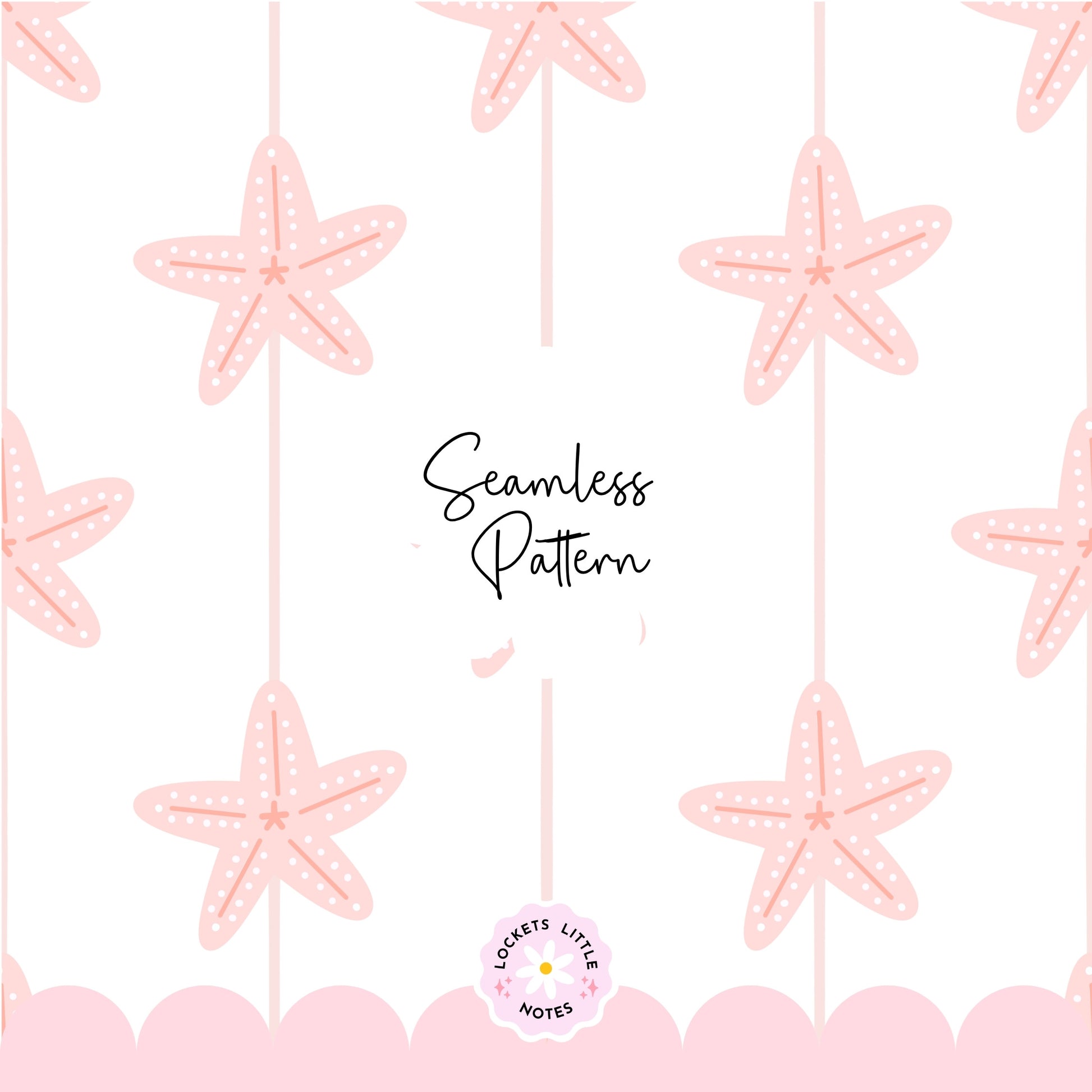 Seamless coastal pattern featuring a crisp white background with a repeating layout of pastel pink starfish and decorative pink scallop shell designs.