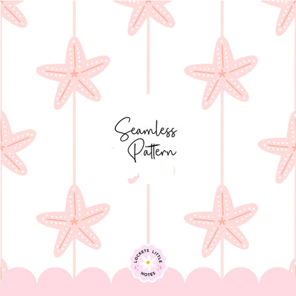 Seamless coastal pattern featuring a crisp white background with a repeating layout of pastel pink starfish and decorative pink scallop shell designs.
