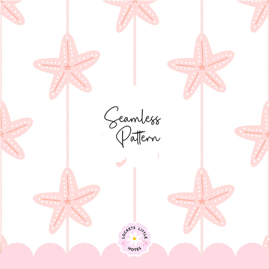 Seamless coastal pattern featuring a crisp white background with fine vertical pink pinstripes and a repeating scatter of detailed pink starfish.
