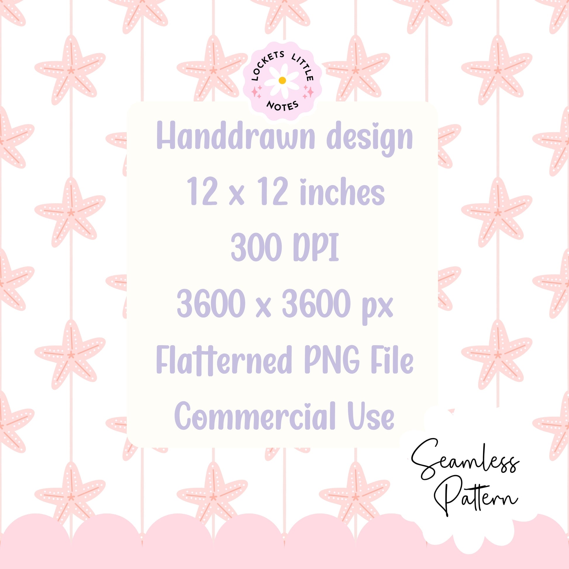 Seamless coastal pattern featuring a crisp white background with a repeating layout of pastel pink starfish and decorative pink scallop shell designs.