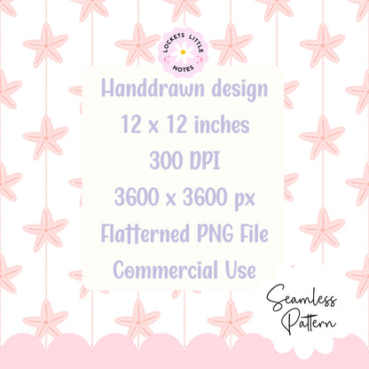 Seamless coastal pattern featuring a crisp white background with fine vertical pink pinstripes and a repeating scatter of detailed pink starfish.