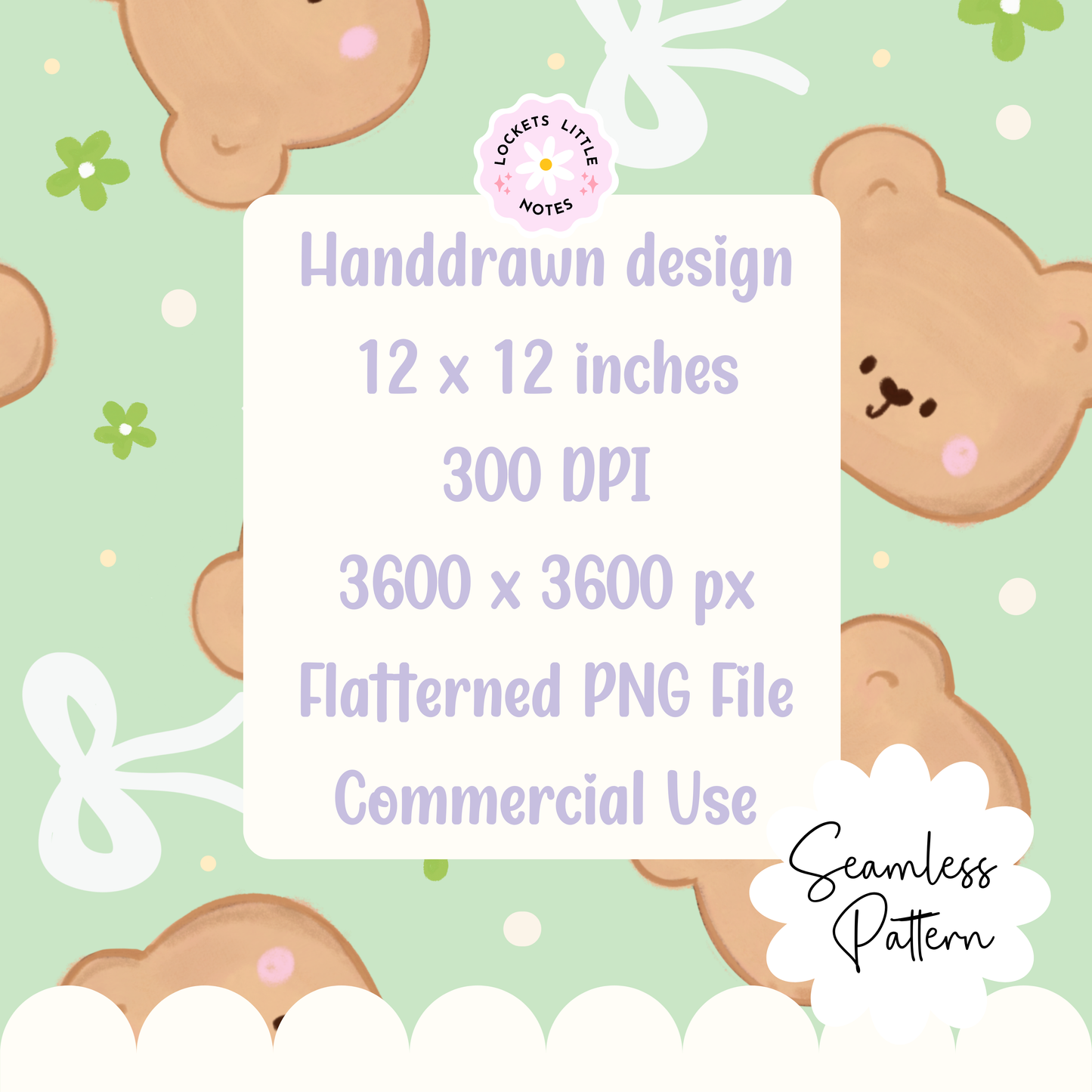 Seamless pattern featuring handdrawn bears and green wildflowers and white bows on a Pastel green background.