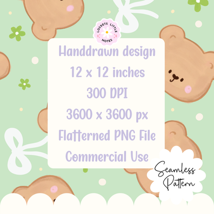 Seamless pattern featuring handdrawn bears and green wildflowers and white bows on a Pastel green background.