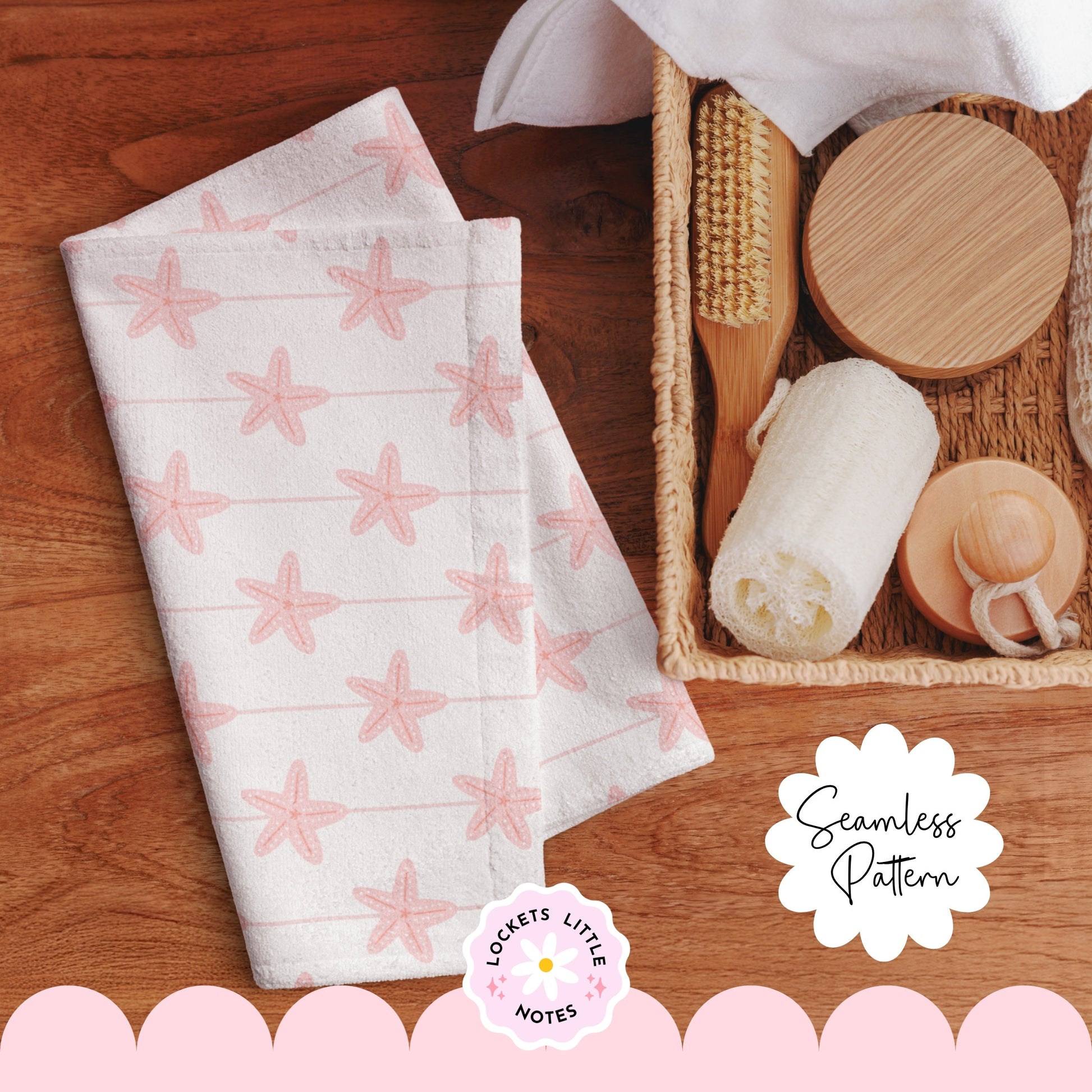 Seamless coastal pattern featuring a crisp white background with a repeating layout of pastel pink starfish and decorative pink scallop shell designs. Starfish patterned towel on a wooden surface with bath items and 'Lockers Little Notes' branding.