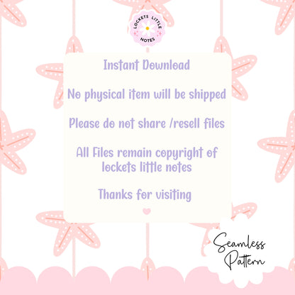 Seamless coastal pattern featuring a crisp white background with fine vertical pink pinstripes and a repeating scatter of detailed pink starfish.