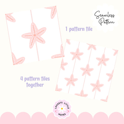 Seamless coastal pattern featuring a crisp white background with a repeating layout of pastel pink starfish and decorative pink scallop shell designs.