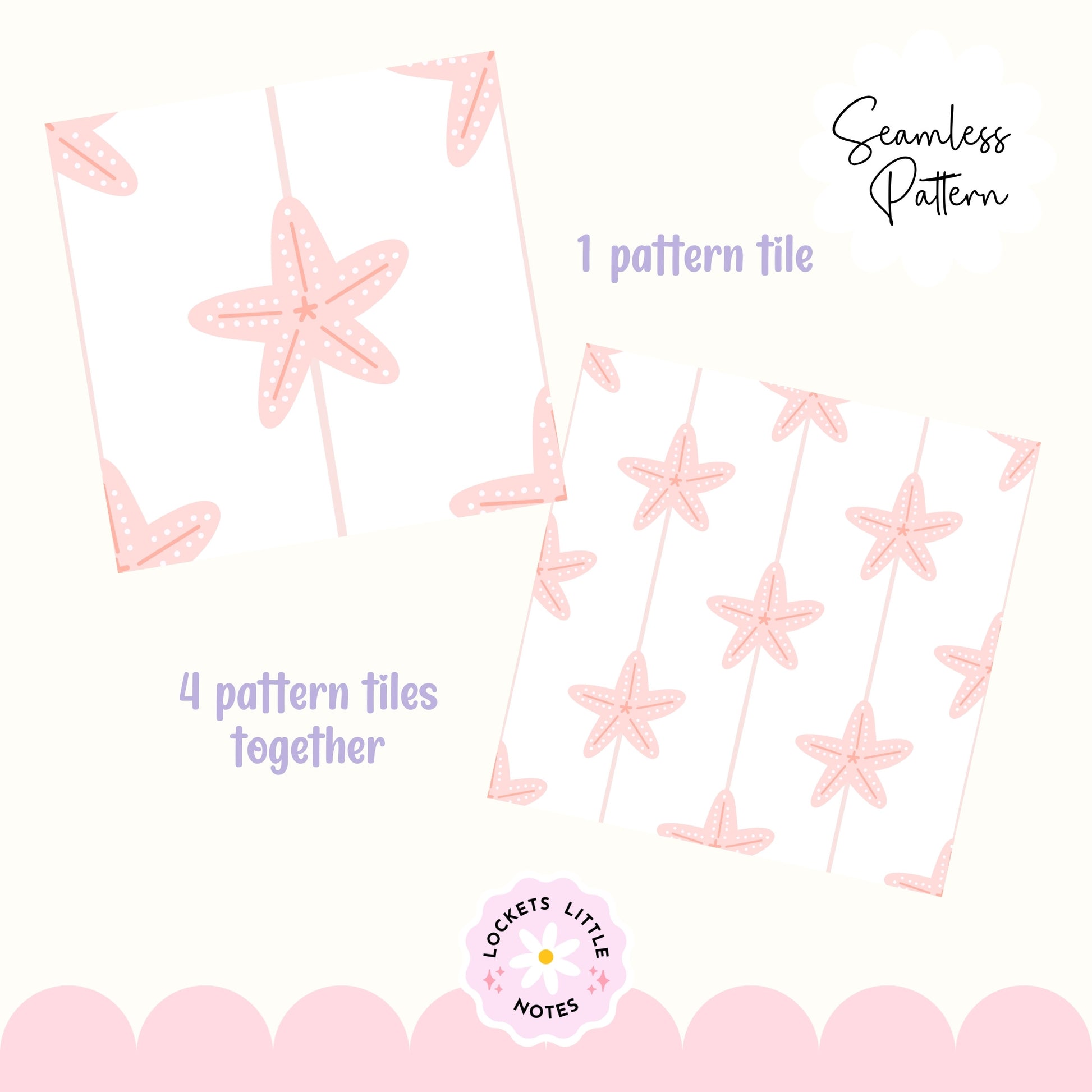 Seamless coastal pattern featuring a crisp white background with fine vertical pink pinstripes and a repeating scatter of detailed pink starfish.