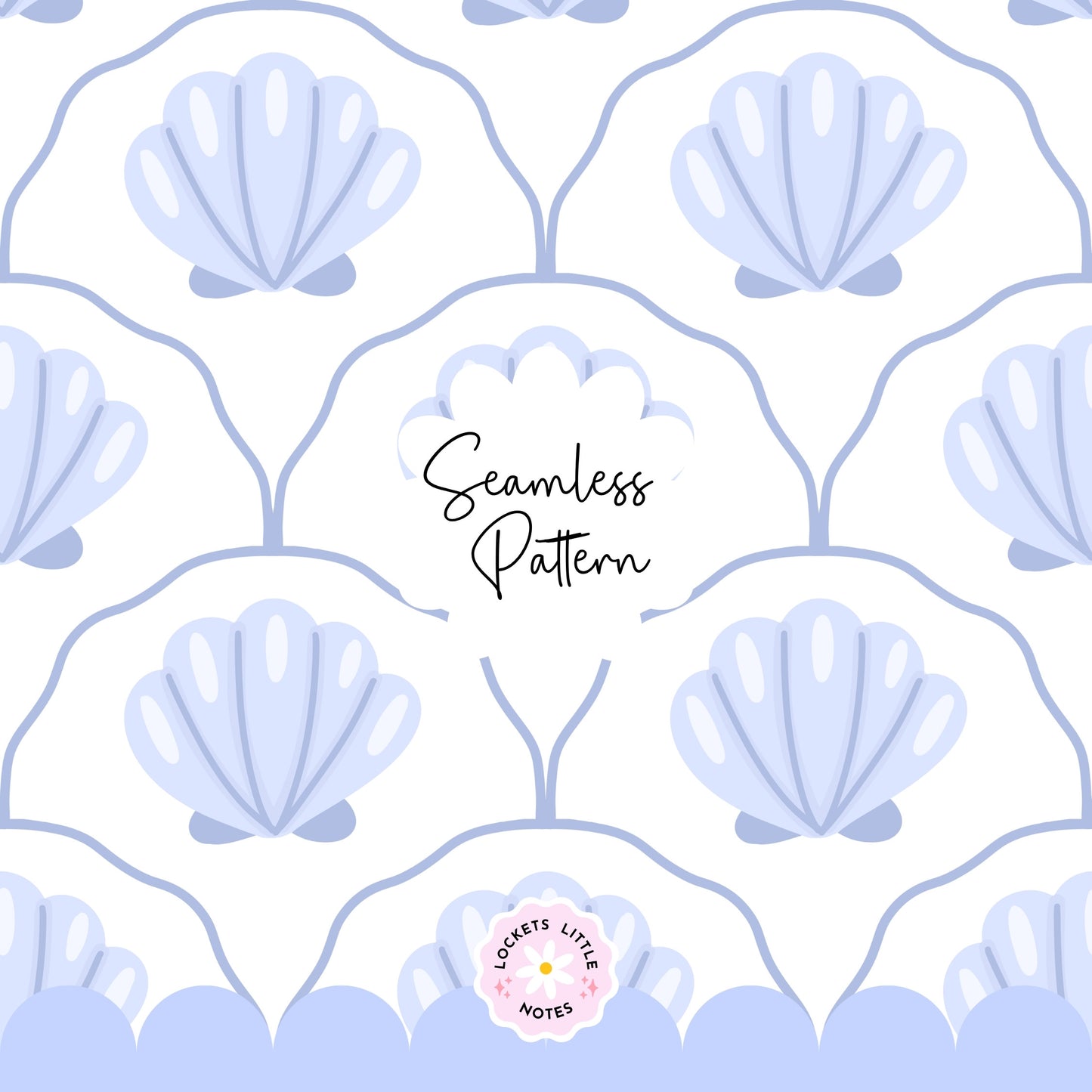 Seamless coastal pattern featuring a crisp white background with a repeat layout of indigo blue clam shells and decorative blue scallop designs.
