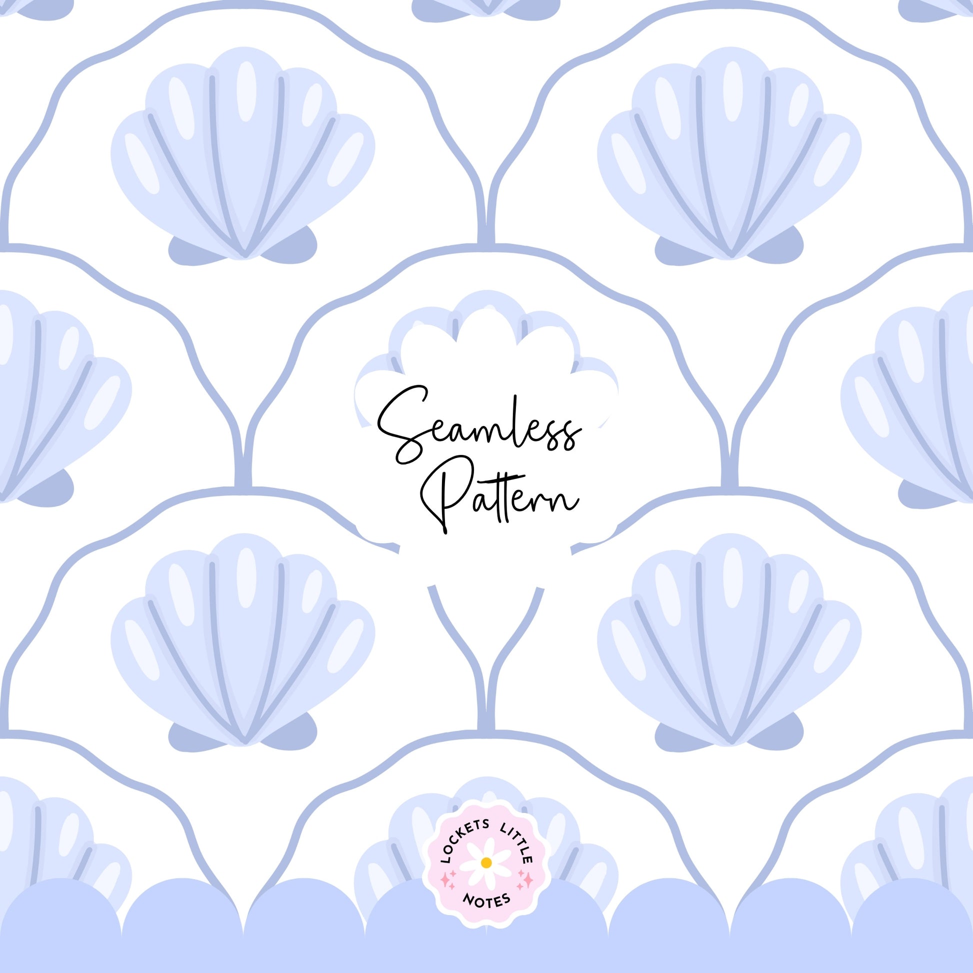 Seamless coastal pattern featuring a crisp white background with a repeat layout of indigo blue clam shells and decorative blue scallop designs.
