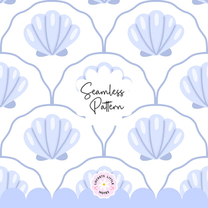 Seamless coastal pattern featuring a crisp white background with a repeat layout of indigo blue clam shells and decorative blue scallop designs.