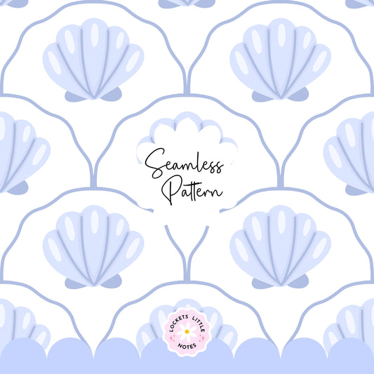Seamless coastal pattern featuring a crisp white background with a repeat layout of indigo blue clam shells and decorative blue scallop designs.