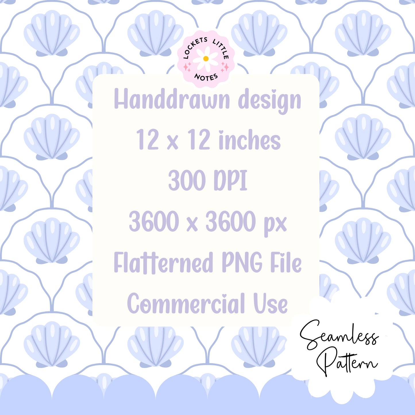 Seamless coastal pattern featuring a crisp white background with a repeat layout of indigo blue clam shells and decorative blue scallop designs.