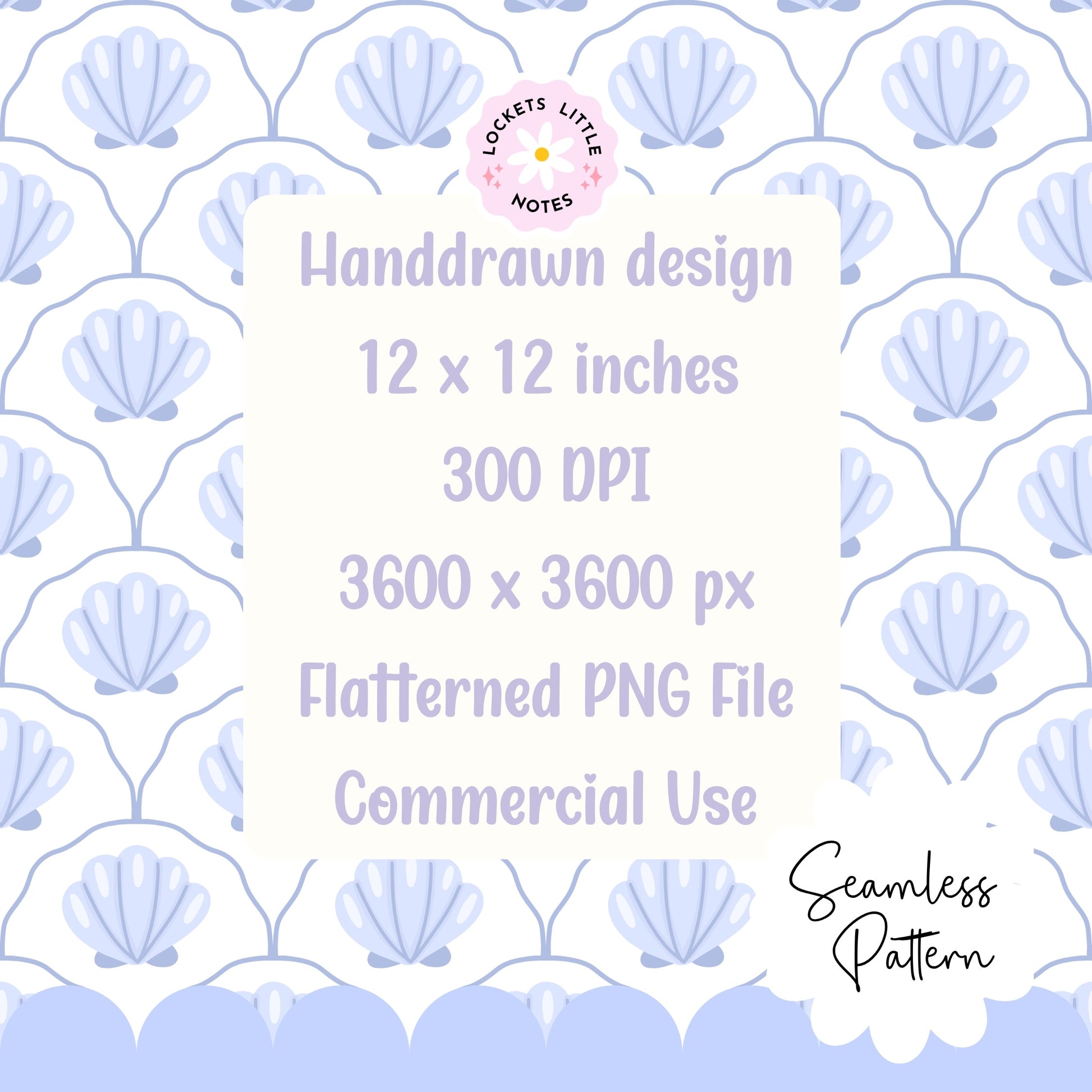Seamless coastal pattern featuring a crisp white background with a repeat layout of indigo blue clam shells and decorative blue scallop designs.