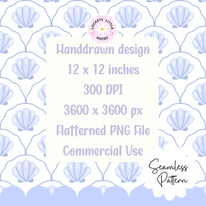 Seamless coastal pattern featuring a crisp white background with a repeat layout of indigo blue clam shells and decorative blue scallop designs.