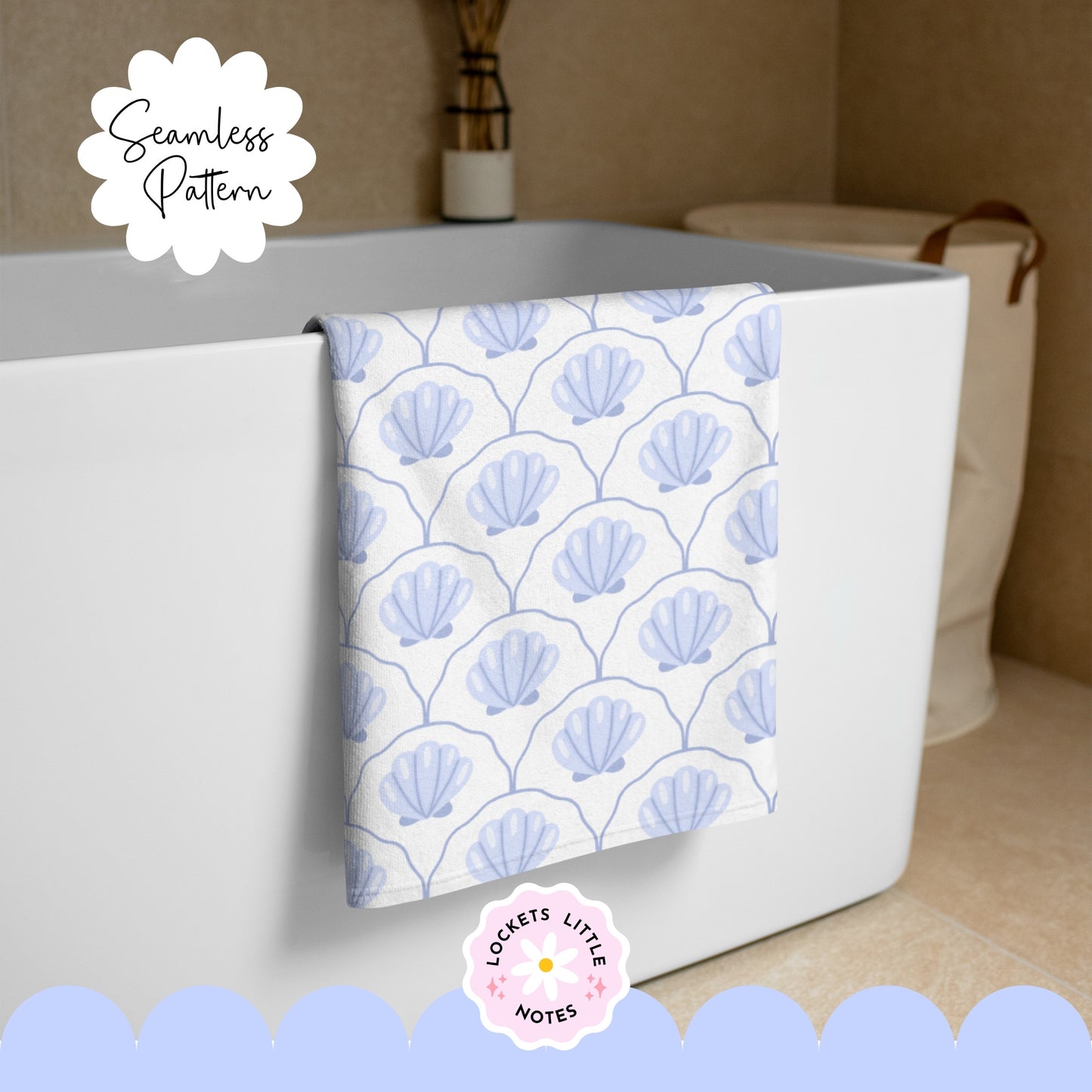 Seamless coastal pattern featuring a crisp white background with a repeat layout of indigo blue clam shells and decorative blue scallop designs.Towel with shell pattern hanging on a bathtub rack in a bathroom setting.