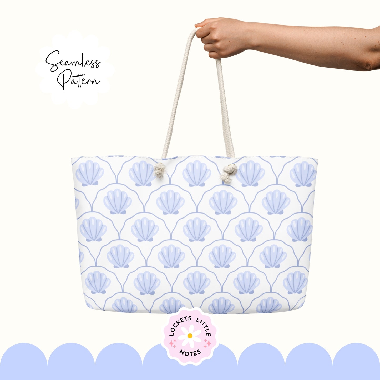 Seamless coastal pattern featuring a crisp white background with a repeat layout of indigo blue clam shells and decorative blue scallop designs.Tote bag with shell pattern held by a hand on a white background