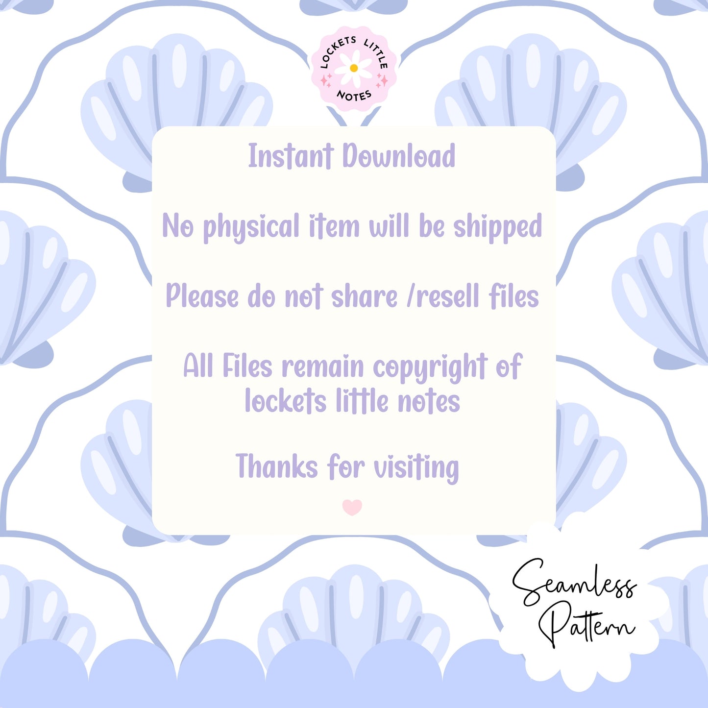Seamless coastal pattern featuring a crisp white background with a repeat layout of indigo blue clam shells and decorative blue scallop designs.