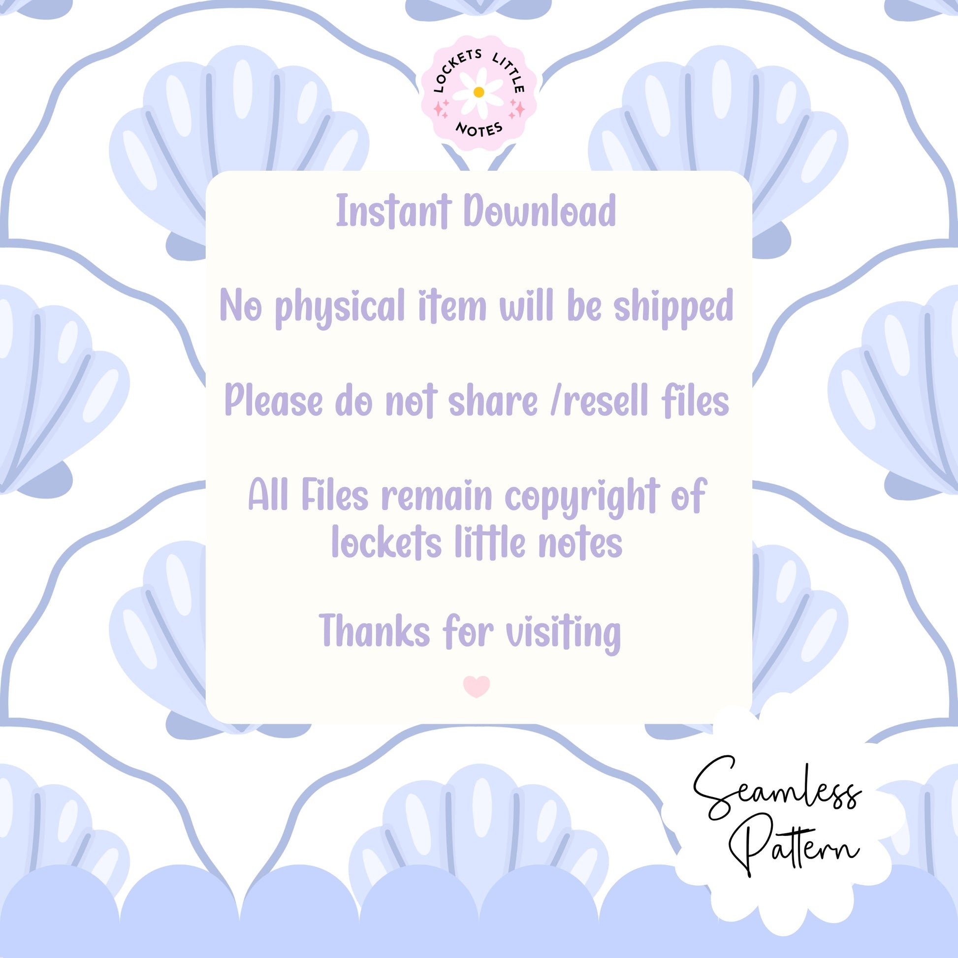 Seamless coastal pattern featuring a crisp white background with a repeat layout of indigo blue clam shells and decorative blue scallop designs.