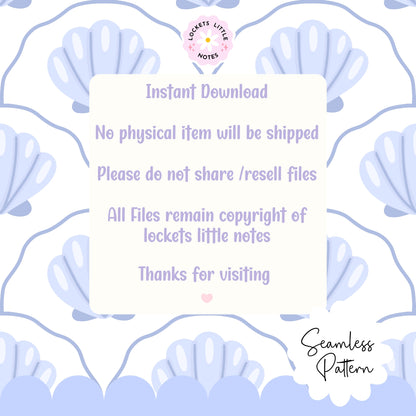 Seamless coastal pattern featuring a crisp white background with a repeat layout of indigo blue clam shells and decorative blue scallop designs.