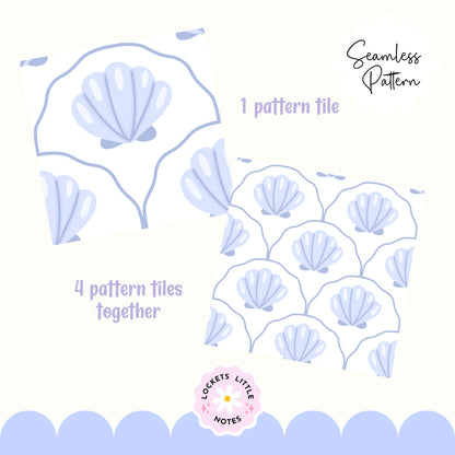 Seamless coastal pattern featuring a crisp white background with a repeat layout of indigo blue clam shells and decorative blue scallop designs.