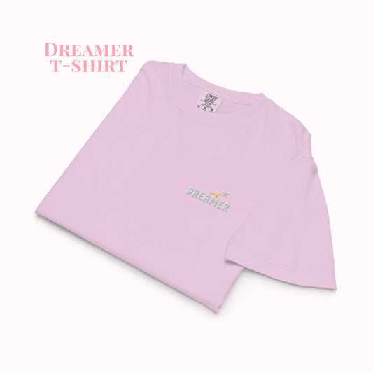 Pink Tshirt with dreamer embroidered in white on the left chest