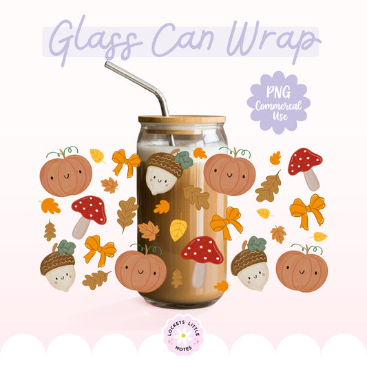 Cute Kawaii Autumn Glass Can Wrap PNG | Coquette Pumpkin & Orange Bow Libbey Cup Design | Whimsical Fall Toadstool Drinkware Download