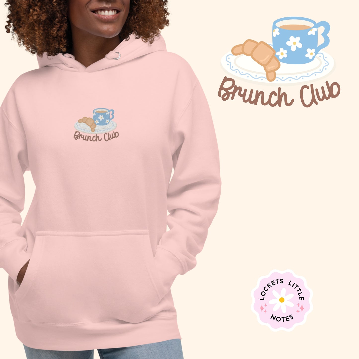 The "Brunch Club" Embroidered Hoodie | Whimsical Vintage Croissant & Mug Design